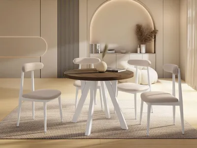 Produktbild von Runder Ausziehbarer Esstisch im Loft-Stil – Verlängerbarer Tisch mit Weißen Holzbeinen – Platzsparender Esstisch für Wohnzimmer – Eiche Braun Rustikal – 90 bis 190 cm