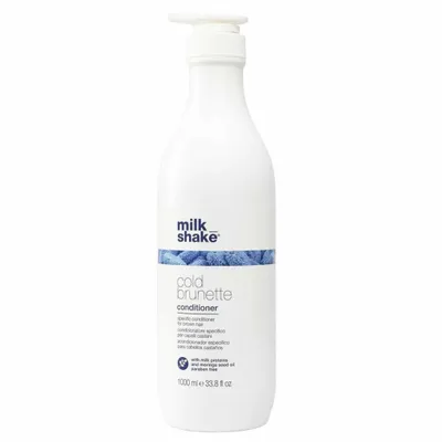 A white bottle of conditioner with a blue label.