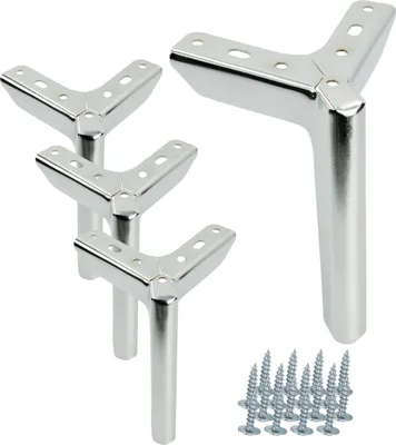 Immagine prodotto di Set di 4 gambe per mobili in metallo con superficie cromata, altezza 15 cm e design elegante per divani, sedie e mobili TV, compresi gli accessori di montaggio.