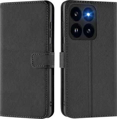 A black leather flip case for a smartphone is shown, with the phone's camera module illuminated by the flash.