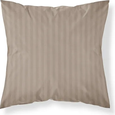 A taupe pillowcase with vertical stripes lies flat on a white background.