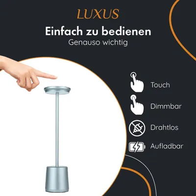 Image de Luxus Europe - Lampe de table tactile Alexia, argentée - Lampe de table LED sans fil pour intérieur, rechargeable par USB-C