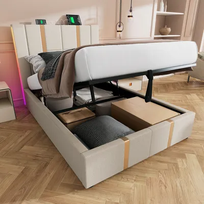 Produktbild von Sweiko Polsterbett USB Type C Ladefunktion APP-Control LED Einzelbett 90×200 Stauraumbetten Bettgestell, Lattenrost aus Holz,Beige Leinenmaterial (Mit Matratze)