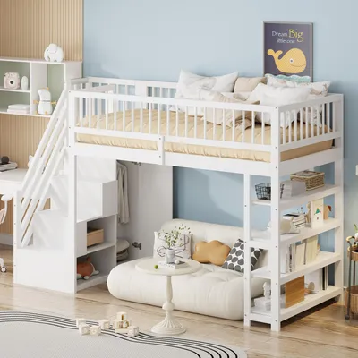 Produktbild von MODFU Hochbett 90x200cm mit Rausfallschutz, Etagenbett Kinderbett mit Stauraum Treppe, Massivholzbett Stockbett mit Kleiderschrank und Regal, Jugendbett Bettgestell, Weiß