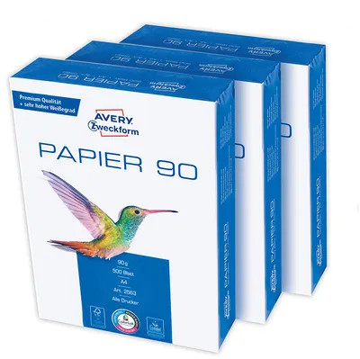 Produktbild von Avery Zweckform 2563 Drucker-/Kopierpapier (1.500 Blatt, 90 g/m², DIN A4 Papier, hochweiß, für alle Drucker) 1 Box mit 3 Pack