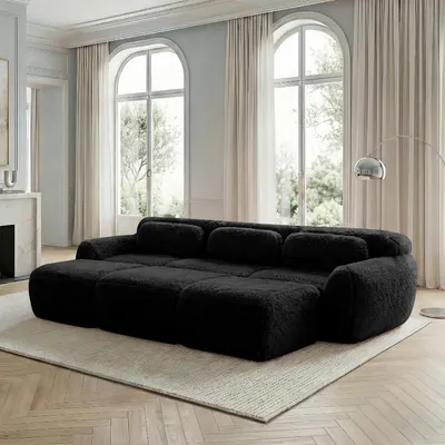 Produktbild von Boneless Cloud Sofas, Weicher Flauschplüsch-Stoff, Modulares Schlafsofa mit 3 Ottomans, 3-Sitzer-Sofas, Bequemes Sofa für Wohnzimmer,Schwarz