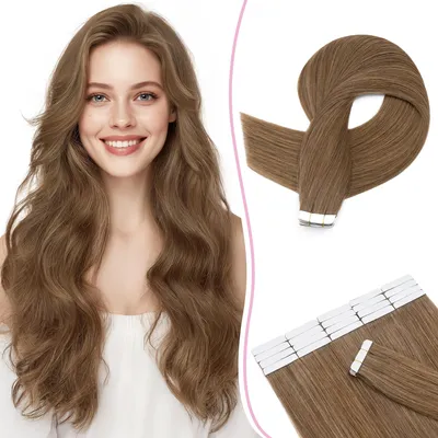 Productafbeelding van Haarverlengingen met plakband - Echt haar, kastanjebruin, 45 cm, 20 stuks