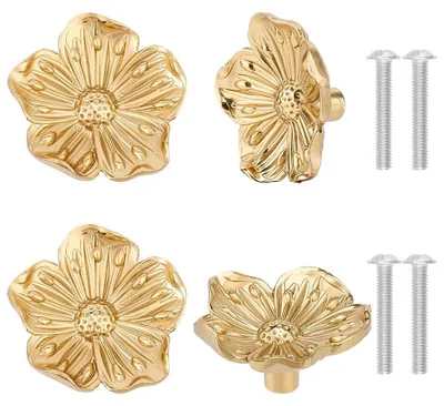 Image de 4 boutons de meubles en forme de fleurs dorées - Poignées en laiton brossé pour tiroirs