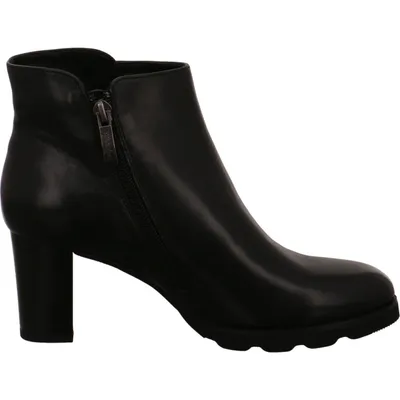 A black leather ankle boot with a heel and zipper.