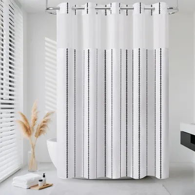 Image de Rideau de douche sans œillets, en polyester épais et résistant, avec des rayures et des fenêtres en filet dans la partie supérieure, rideau de bain imperméable de style bohème, 190 cm x 182 cm