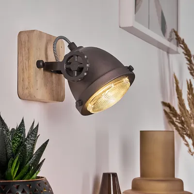 Produktbild von Biati »Biati« verstellbare Wandlampe, Metall/Holz/Glas, Schwarz-Braun/Natur