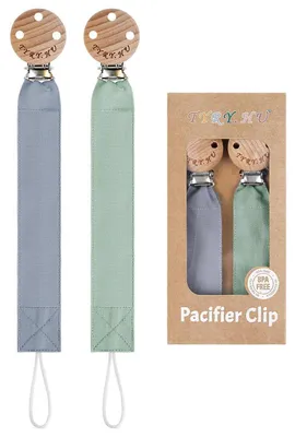 Productafbeelding van Set van 2 tuttelkettingen, stoffen clip, houten band, blauw en groen, voor baby's, cadeau