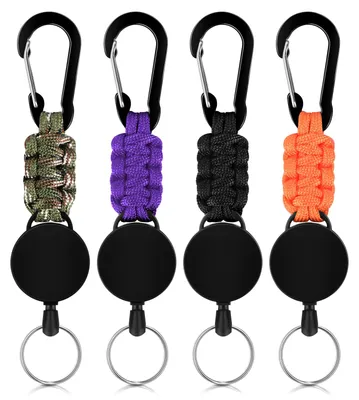 Image de 4 porte-clés rétractables, cordons, porte-clés mousquetons avec cordon rétractable de 50 cm (violet/noir/vert olive/orange)