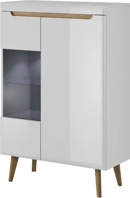 A white vitrine cabinet with wooden legs and accents, shown against a white background.