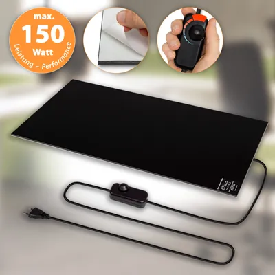 A black infrared heating panel with a power cord and switch, shown with inset images demonstrating its features.