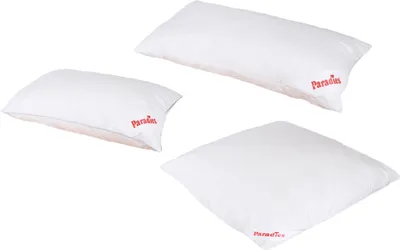 Three white pillows are arranged on a white background.