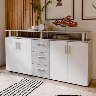 Produktbild von Forte BALLATA Sideboard 180, modernes Sideboard mit Ablage-Aufsatz, 4-türig, 3 Schubladen, Wohnzimmer, Flur, Holzwerkstoff, Weiß mit Betonakzenten, 179 cm breit x 90,3 cm hoch x 38,2 cm tief