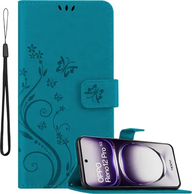 Immagine prodotto di Cadorabo cover per Oppo Reno 12 Pro in BLU FLOREALE Cover protettiva dal design floreale con chiusura magnetica, funzione stand e slot per carte di credito Book Case Cover