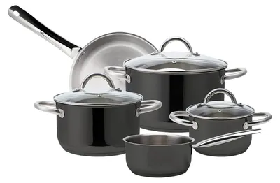 Produktbild von ECHTWERK Induktion Kochtopf-Set aus hochwertigem Edelstahl, 8-teiliges Kochgeschirr, Töpfe mit Glasdeckel, 3 x Kochtopf, Stielkasserole und Bratpfanne, Für alle Herdarten, Black-Edition, EW-TS-8040S
