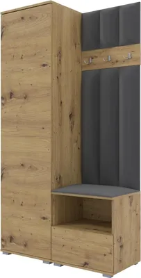 Obrázok produktu pre Šatníková zostava Nela I LUX, čalúnená šatníková skriňa 100 cm s lavicou, stenovými panelmi a úložným priestorom (farba: dub Artisan + Trinity 15)