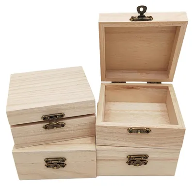 Zdjęcie produktu dla Drewniane pudełka do przechowywania, zestaw 4 sztuk, wymiary: 10 x 10 x 5 cm