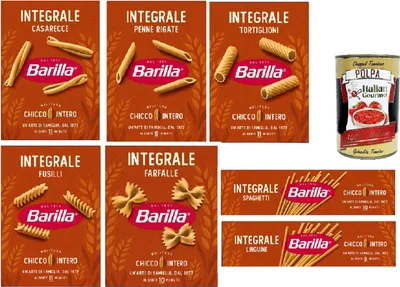 Produktbild von Barilla Integrale Sortenmix – 7 × 500 g Vollkorn-Hartweizenpasta (Casarecce, Penne Rigate, Tortiglioni, Fusilli, Farfalle, Spaghetti, Linguine) Ballaststoffreich, al dente + Italian Gourmet polpa 400g