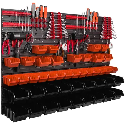 Immagine prodotto di Pannello portattrezzi - Pannello a parete per l'officina - 115 x 78 cm - 44 contenitori - Montaggio a parete - Ideale per il garage