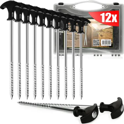 Immagine prodotto di com-four® 12x picchetti in acciaio per tende - robusti picchetti con filettatura in confezione da trasporto per campeggio e outdoor - ideali per terreni normali e duri con impugnatura a T