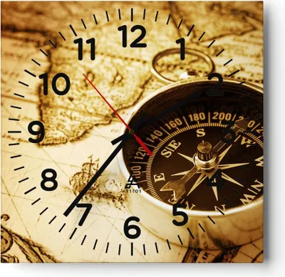 Produktbild von Wanduhr - Quadrat - Glasuhr - Kompass alt reisen Reise - 30x30cm - Schleichendes Uhrwerk - Lautlos - zum Aufhängen bereit - Dekoration Modern - Wanddekoration aus Glas - C4AC30x30-2103