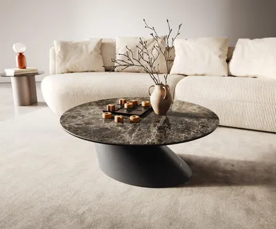 Produktbild von DELIFE Couchtisch Edge Rund 90x90 cm Keramik Emperador Extra Lucidato Dunkelbraun Conis Metall Schwarz