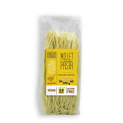 Produktbild von Mill & Folks Hirse Spaghetti mit Kurkuma 200g / glutenfrei / vegan / ohne Zuckerzusatz