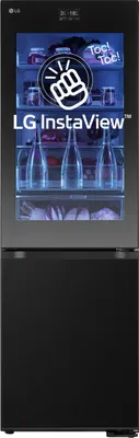 A black LG InstaView refrigerator with a glass door that lights up when tapped.