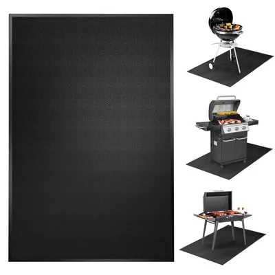 A collage of images showing different types of grills on black mats, with a large black mat on the left.
