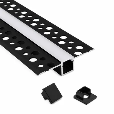 Obrázok produktu pre MasterLED profil na sadrokartón, hliník, čierny, 2 m – LED lišta, profil na suchú výstavbu s mliečnym krytom – vrátane koncoviek a držiaka