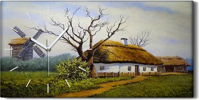 Produktbild von Wanduhr Uhr Wandbild Leinwand Geräuschlos 60x30 Gemälde Hütte Mühle auf dem Land - weiße Hände