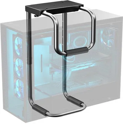 Productafbeelding van Unyqoos® Verstelbare computerhouder voor onder het bureau, met een diepte van 123–253 mm, een hoogte van 357–557 mm (in 5 standen) en een draagvermogen tot 30 kg. Het open frame is voorzien van beschermende pads