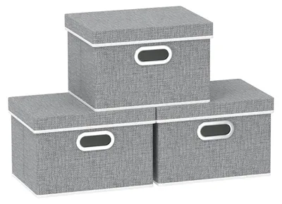 Image de Boîte de rangement avec couvercle, caisse de rangement avec poignée, panier de rangement pliable, pour la chambre à coucher, panier à linge, 26 x 20 x 17 cm, lot de 3