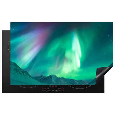 Produktbild von KitchenYeah© Herdabdeckplatte Nordlichter - Berg - Schnee , 83x51cm, Küche Deko, Glaskeramikkochfeld Herdabdeckung, Abdeckplatte fùr Kochfeld