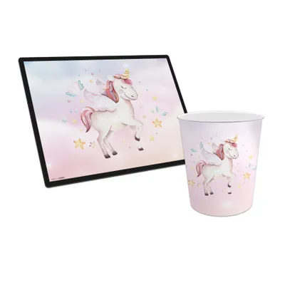 Produktbild von itenga Papierkorb mit Schreibunterlage Motiv Einhorn Wasserfarben Set