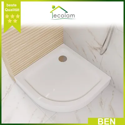 Produktbild von ECOLAM Duschwanne BEN 90x90 x 15 cm Tiefe 5 cm Siphon + Silikon | Viertelkreis Brausewanne Dusche weiß Acryl Schürze an 3 Seiten
