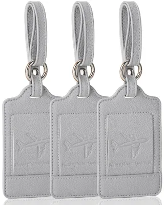 Immagine prodotto di Portachiavi per valigie con etichetta per l'indirizzo, confezione da 3 pezzi, in ecopelle, color grigio chiaro
