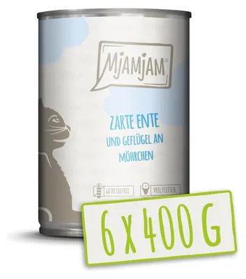 Produktbild von MjAMjAM zarte Ente & Geflügel an leckeren Möhrchen, Adult, jede Rasse, Karotte, Ente, 400 g