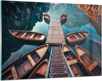 Produktbild von Bilder auf glas - Berge Boot Wasser - 120x80cm - Glasbilder - Wandbilder - Kunstdruck - zum Aufhängen bereit - Wanddekoration aus Glas - Glas Bilder - Wandbild auf Glas - Einteilig - GAA120x80-3971