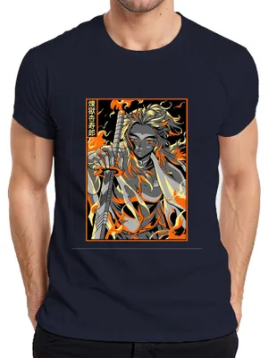 Zdjęcie produktu dla Męska koszulka Demon Slayer Rengoku Flame Sword Anime Gift Vintage, granatowy, S