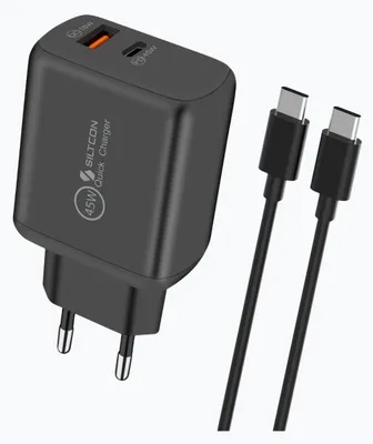 Productafbeelding van Siltcon® USB C Adapter 45W & USB-A 18W - USB C Snellader - USB C Lader - Universeel o.a. Telefoons & Laptops - Inclusief USB-C Kabel 2 Meter