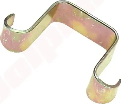 A metal spring clip on a white background.
