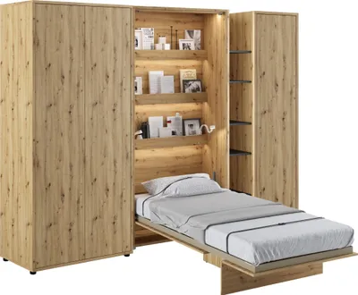 Produktbild von Wohnwand mit Schrankbett Bed Concept 90x200 Lenart Kleiderschrank Regalschrank Regal Led Beleuchtung Artisan Eiche/Schwarz