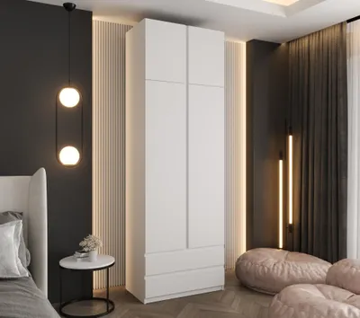 Produktbild von Drehtürenschrank 240x70x48 cm Weiß mit Aufsatz und 2 Schubladen – Moderner Kleiderschrank ideal für Schlafzimmer und Flur