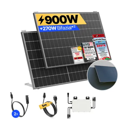 Produktbild von Balkonkraftwerk 900W Solaranlage mit Wand/Gartenhaus Halterung Steckerfertig Komplettset Photovoltaik Anlage 800W, Kabellänge: 5m, Solakon - onLite