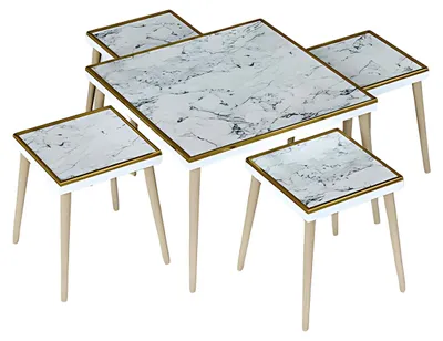 Image de Elégante table basse blanche avec tables d'appoint en bois et en acier inoxydable